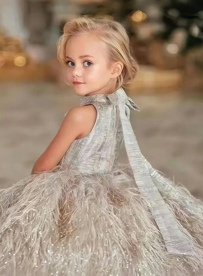 Take Two Girls Gold Faux Fur Embellished A-Line Midi Dress