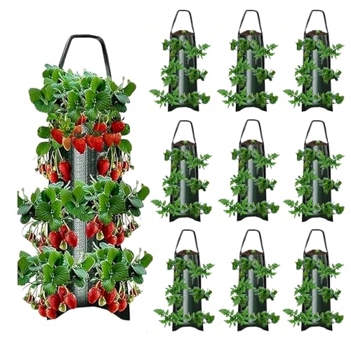 BIJOKETTEN Upside Down Strawberries Grow Bags10 Pack Garden Hanging Strawberry Grow Bag Hanging Strawberry Planter with Planting Pockets Hanging Planter for StrawberriesTomatoes Chili Herbs Vegetables - Image 1