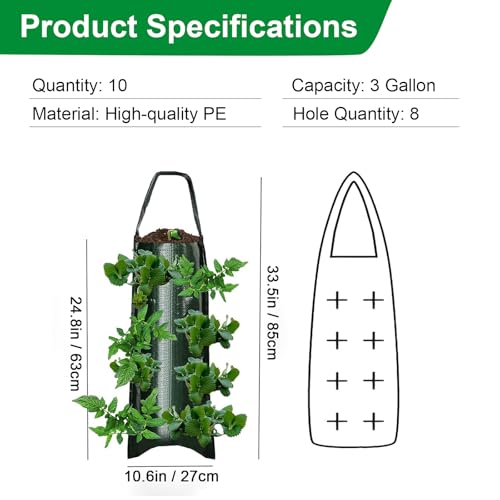 BIJOKETTEN Upside Down Strawberries Grow Bags10 Pack Garden Hanging Strawberry Grow Bag Hanging Strawberry Planter with Planting Pockets Hanging Planter for StrawberriesTomatoes Chili Herbs Vegetables - Image 3