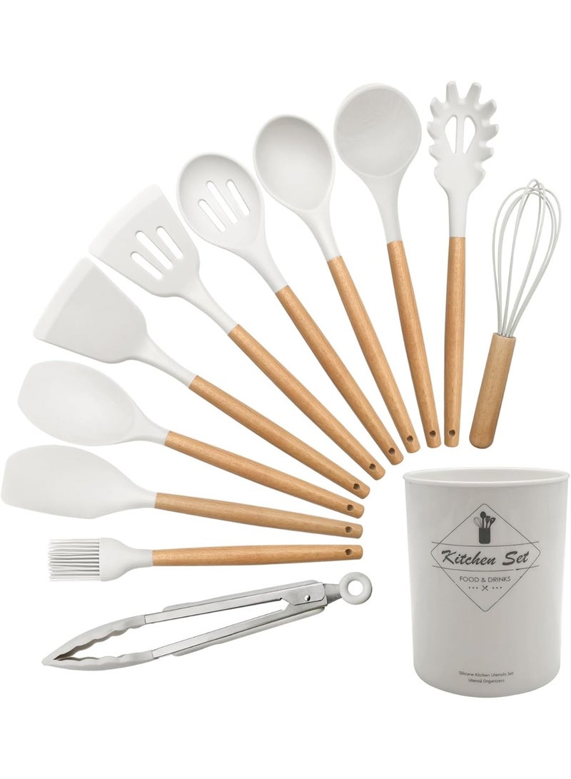 طقم توزيع سيليكون بيد خشب مع حامل – 12 قطعة - Image 1