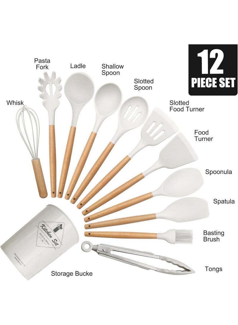 طقم توزيع سيليكون بيد خشب مع حامل – 12 قطعة - Image 4