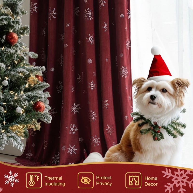 Beauoop Christmas Red Velvet Curtains 84 Inches Long 2 Panels for Bedroom Living Room Silver Snowflake Holiday Decor Burgundy Thermal Insulated Room Darkening Rod Pocket Window Treatments Drapes 52X84 - Image 2