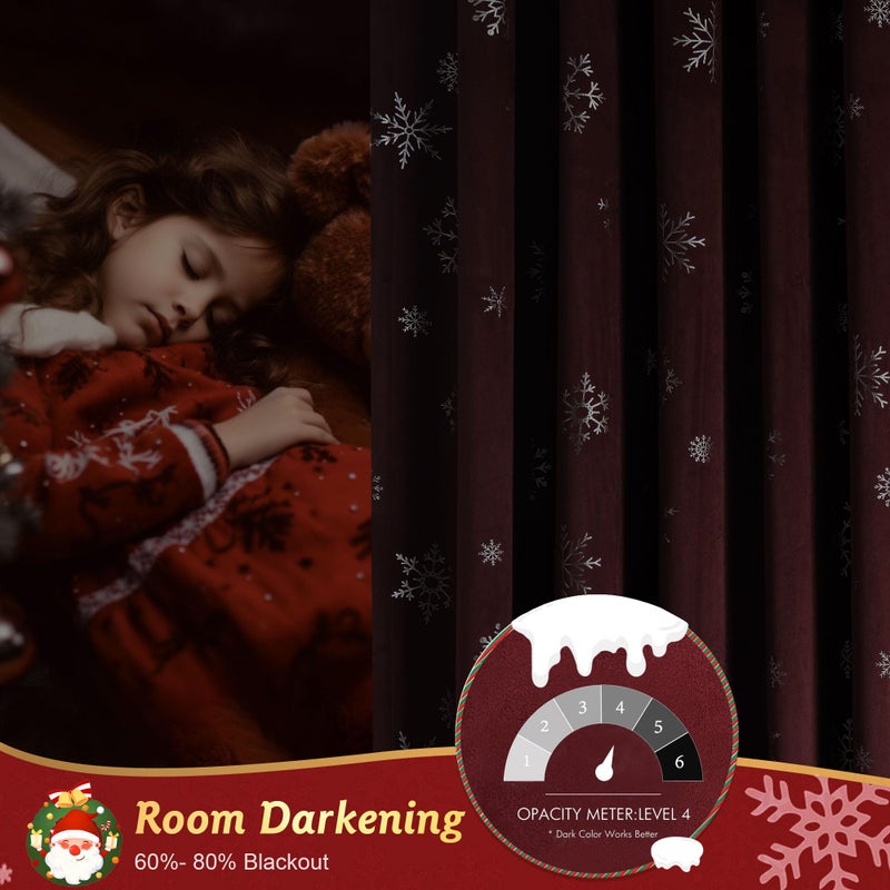 Beauoop Christmas Red Velvet Curtains 84 Inches Long 2 Panels for Bedroom Living Room Silver Snowflake Holiday Decor Burgundy Thermal Insulated Room Darkening Rod Pocket Window Treatments Drapes 52X84 - Image 3