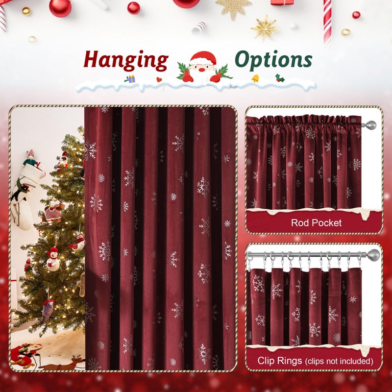 Beauoop Christmas Red Velvet Curtains 84 Inches Long 2 Panels for Bedroom Living Room Silver Snowflake Holiday Decor Burgundy Thermal Insulated Room Darkening Rod Pocket Window Treatments Drapes 52X84 - Image 5