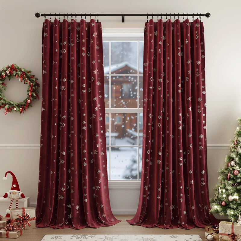 Beauoop Christmas Red Velvet Curtains 84 Inches Long 2 Panels for Bedroom Living Room Silver Snowflake Holiday Decor Burgundy Thermal Insulated Room Darkening Rod Pocket Window Treatments Drapes 52X84 - Image 1