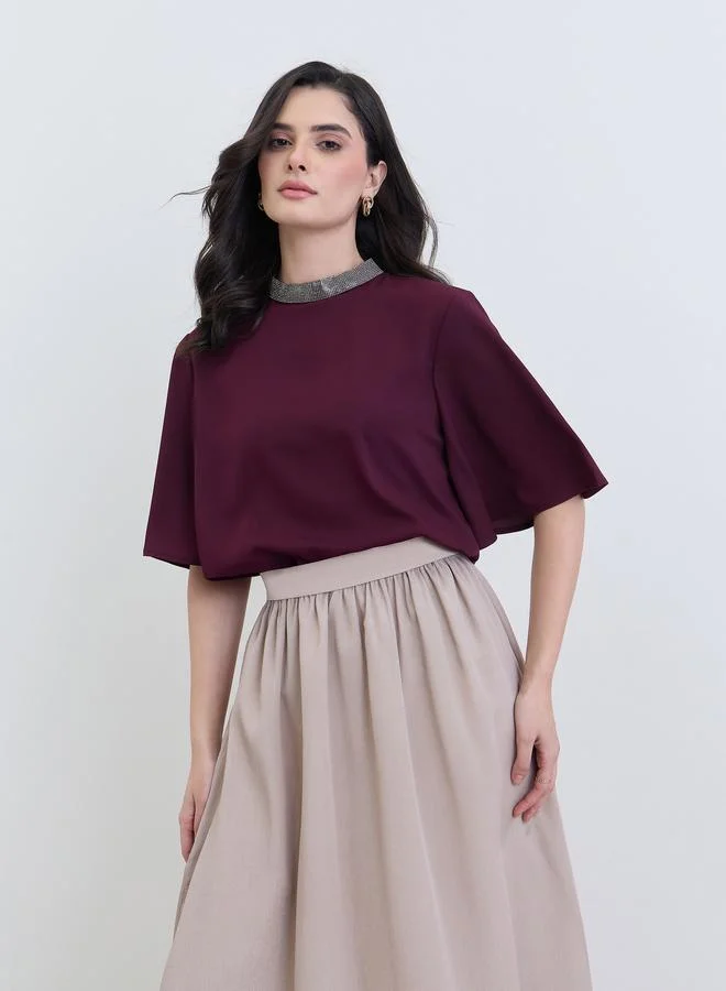 Styli Women Purple Beaded Neckline Flutter Sleeve Blouse