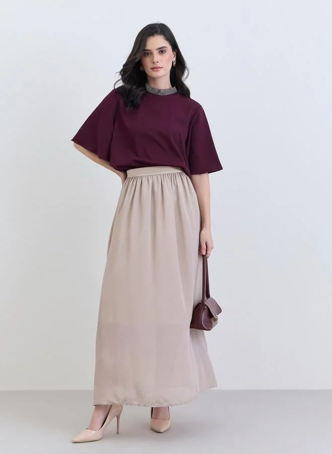Styli Women Purple Beaded Neckline Flutter Sleeve Blouse