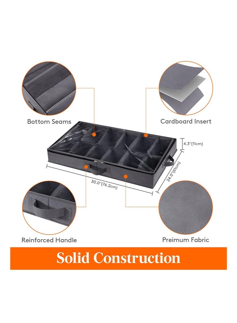 Bukela Under Bed Shoe Storage Organizer Set of 2, 4.3 Inches Tall Low Profile Fabric Shoes Container Box with Clear Cover, Foldable Storage Bag with 2 Handles, Total Fits 24 Pairs of Shoes, Grey - Image 2