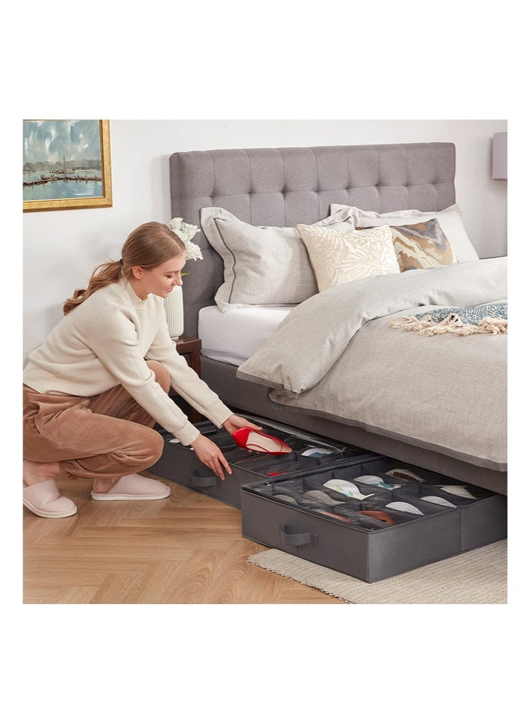 Bukela Under Bed Shoe Storage Organizer Set of 2, 4.3 Inches Tall Low Profile Fabric Shoes Container Box with Clear Cover, Foldable Storage Bag with 2 Handles, Total Fits 24 Pairs of Shoes, Grey - Image 4