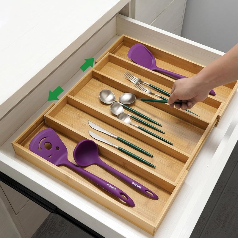 Utoplike Bamboo Expandable Kitchen Drawer Organizer Adjustable Utensil Holder and Cutlery Tray Organiser Drawer Divider for Silverware Flatware Knives in Kitchen Bedroom Living Room 5 Slot - Image 2
