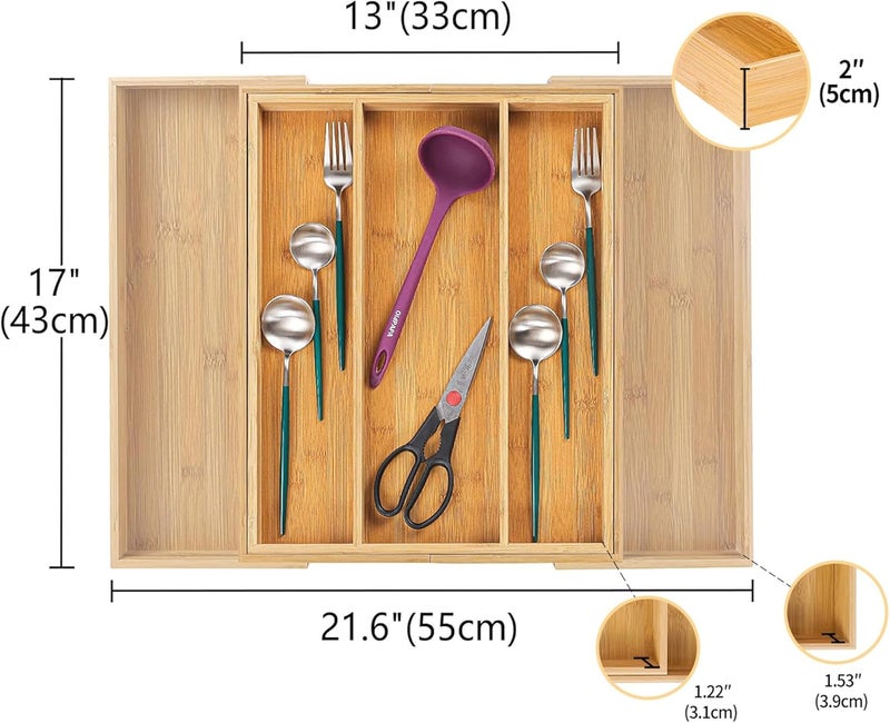 Utoplike Bamboo Expandable Kitchen Drawer Organizer Adjustable Utensil Holder and Cutlery Tray Organiser Drawer Divider for Silverware Flatware Knives in Kitchen Bedroom Living Room 5 Slot - Image 3