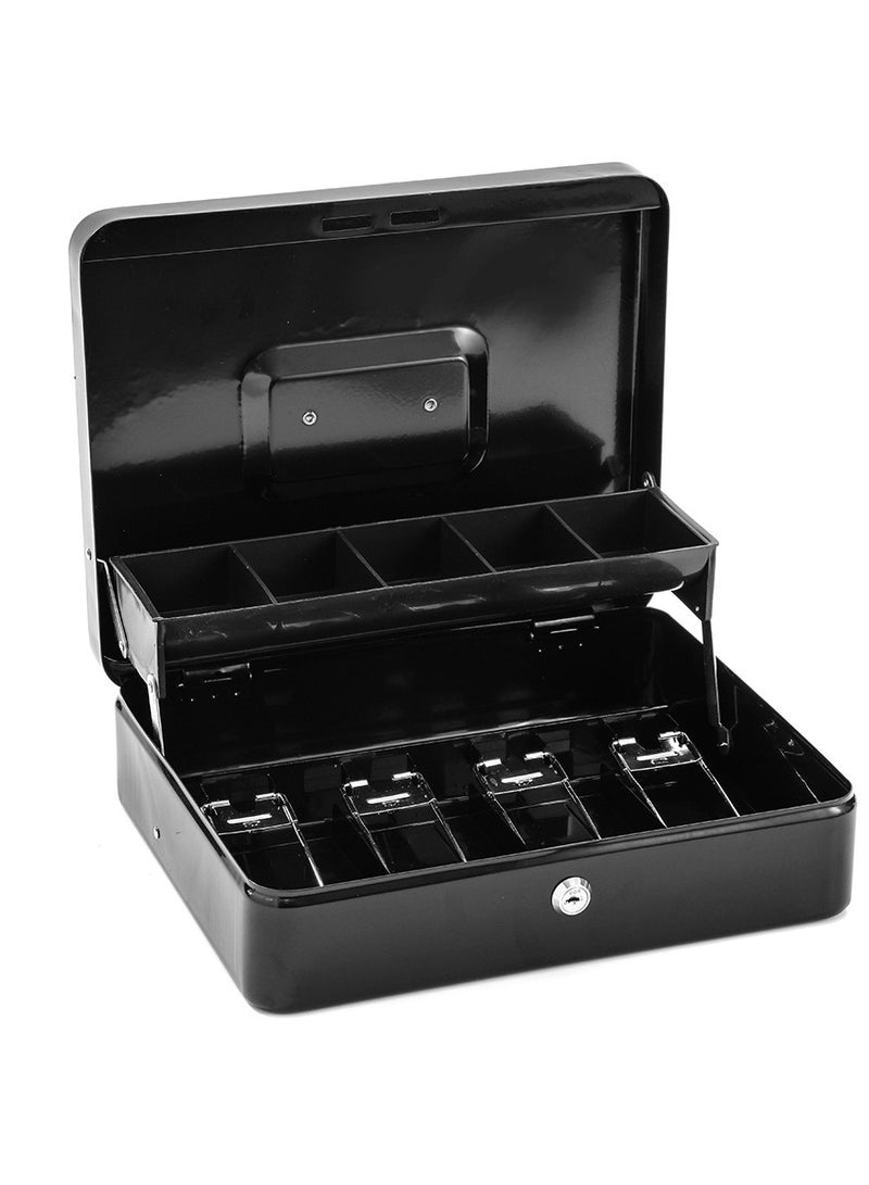 DUNISO Cash Box With Money Tray And Lock, Black Metal Steel Cash Box For Small Business, Can Store Checks, Coins, Portable Cash Storage Box With Lockable Lid - Image 1