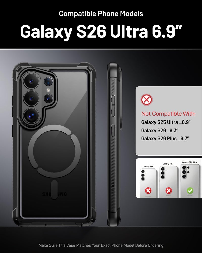 POETIC Guardian MagPro Case for Galaxy S26 Ultra 6.9", MagSafe Compatible | 20FT Mil-Grade Drop Tested | 1 Privacy Tempered Glass Screen Protector, Full Body Shockproof Case for S26 Ultra, Black/Clear - Image 2