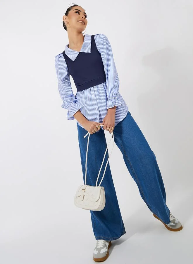 Styli 2in1 Style Striped Blouse with Cuffed Sleeves