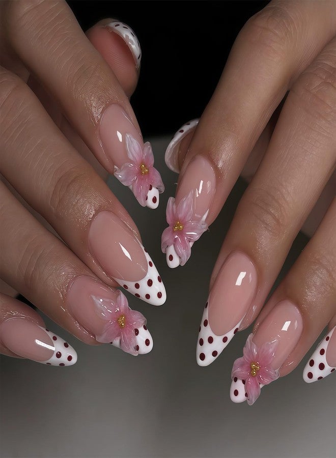 Charmark Almond Press on Nails Polka Dot White French Tip Press on Nails Medium with 3D Flower Pearl Press ons - for Women Fake Nails 24Pcs - Image 2