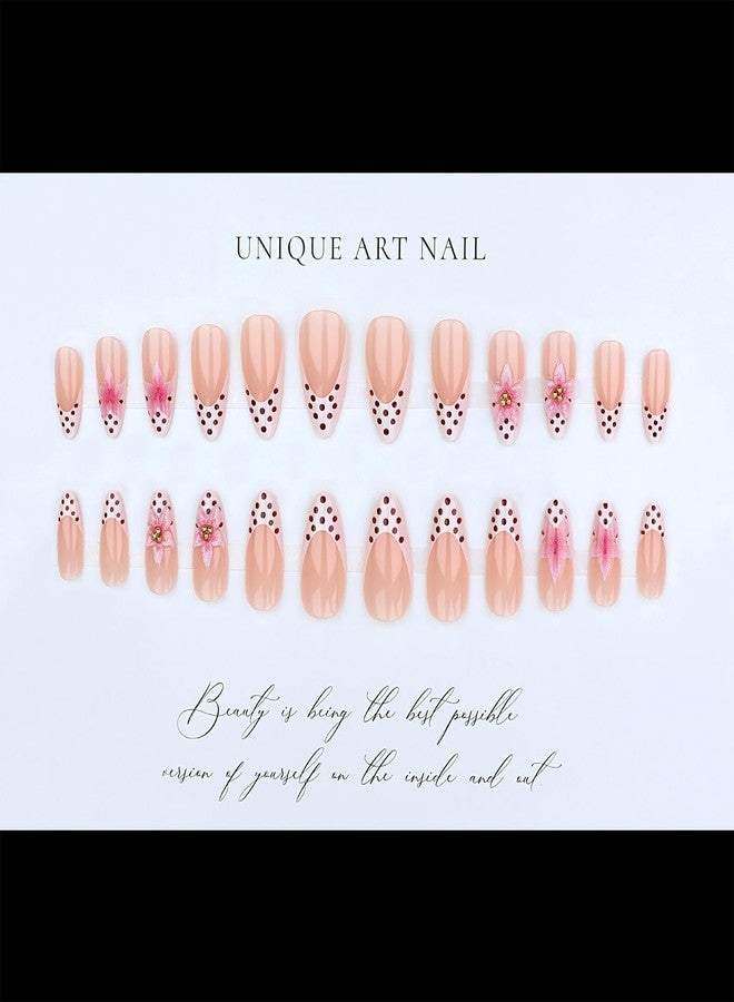 Charmark Almond Press on Nails Polka Dot White French Tip Press on Nails Medium with 3D Flower Pearl Press ons - for Women Fake Nails 24Pcs - Image 3