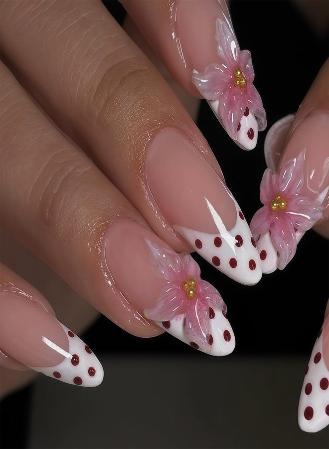 Charmark Almond Press on Nails Polka Dot White French Tip Press on Nails Medium with 3D Flower Pearl Press ons - for Women Fake Nails 24Pcs - Image 1