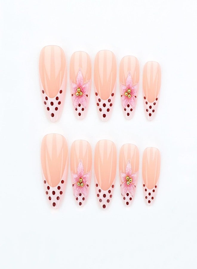 Charmark Almond Press on Nails Polka Dot White French Tip Press on Nails Medium with 3D Flower Pearl Press ons - for Women Fake Nails 24Pcs - Image 5