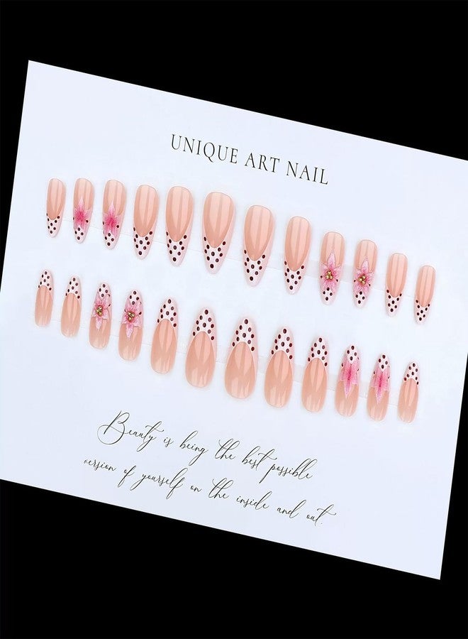 Charmark Almond Press on Nails Polka Dot White French Tip Press on Nails Medium with 3D Flower Pearl Press ons - for Women Fake Nails 24Pcs - Image 4