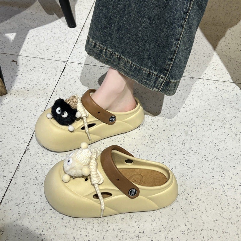 New Anti-Slip High-Heel Clogs Thick Sole Waterproof Sandals01 strap new fur ball khaki 01 strap new fur ball khaki 