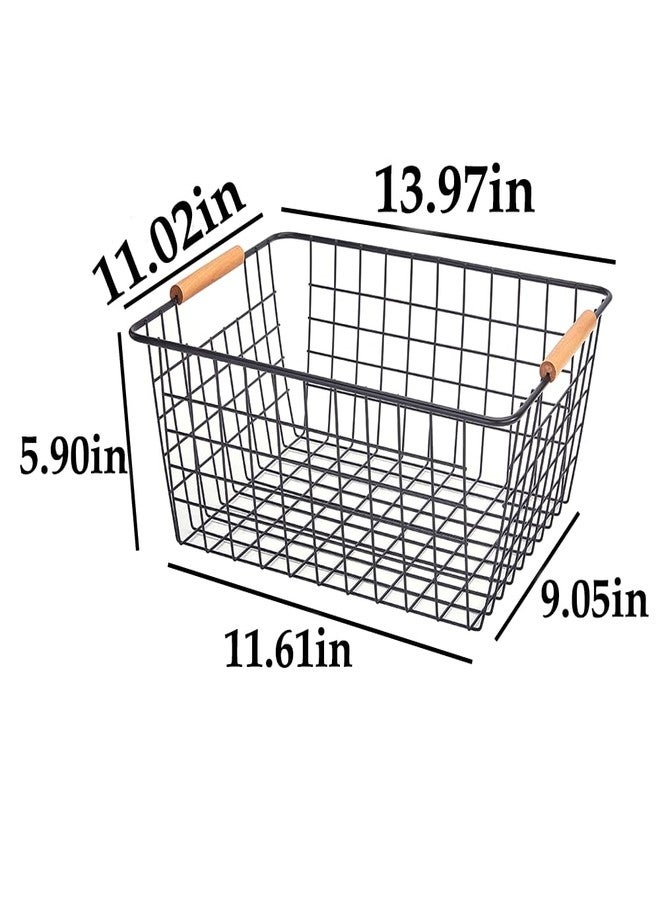 LeleCAT Large black wire baskets with Wooden Handles for storage pantry, Storage Organizer Baskets, Household Refrigerator for Cabinets, Closets, Bedrooms, kitchen - Set of 3 Black - Image 2