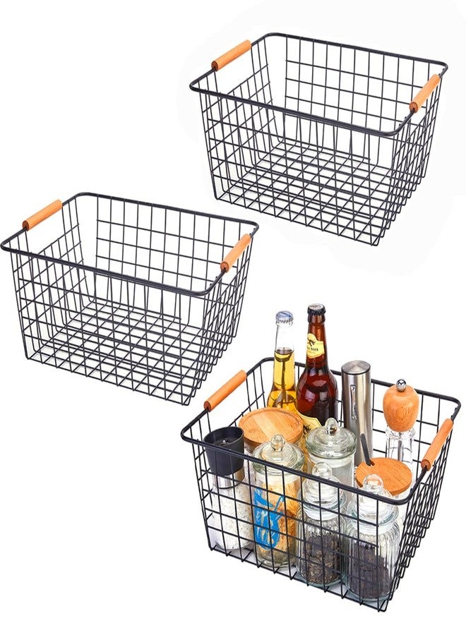 LeleCAT Large black wire baskets with Wooden Handles for storage pantry, Storage Organizer Baskets, Household Refrigerator for Cabinets, Closets, Bedrooms, kitchen - Set of 3 Black - Image 1
