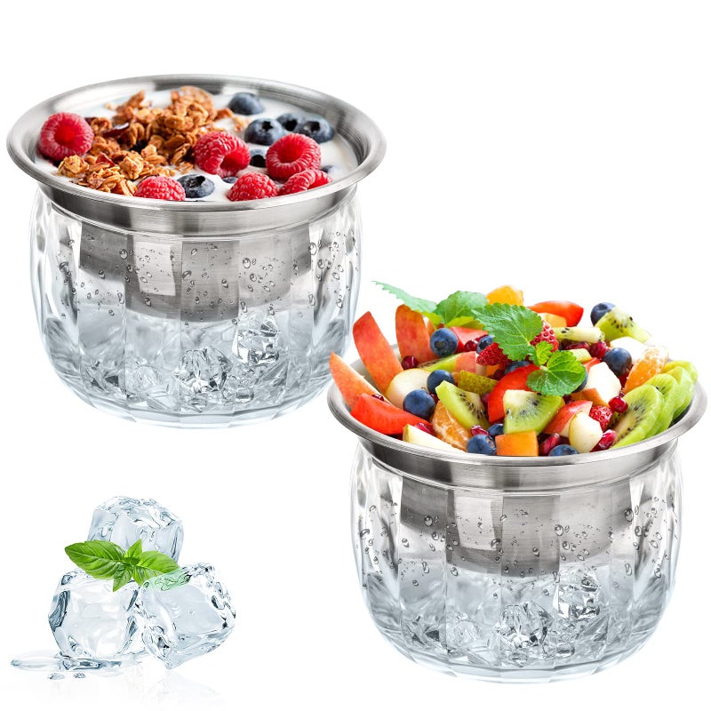 ZENFUN ZENFUN 2 Pack 20 Oz Chilled Dip Bowl with Acrylic Ice Bowl Base Stainless Steel Ice Chilled Serving Dish Iced Salad Bowl Set for Chilled Pasta Potato Dressing Fruit 