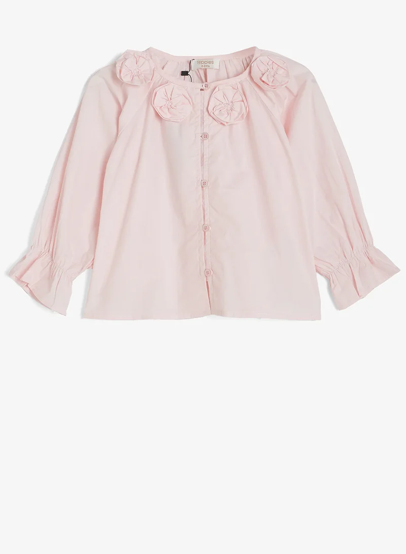 ريبلز مع نمشي Girls Floral Applique Blouse With Puffed Sleeves