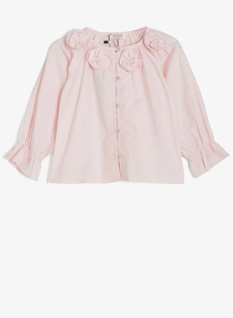 ريبلز مع نمشي Girls Floral Applique Blouse With Puffed Sleeves