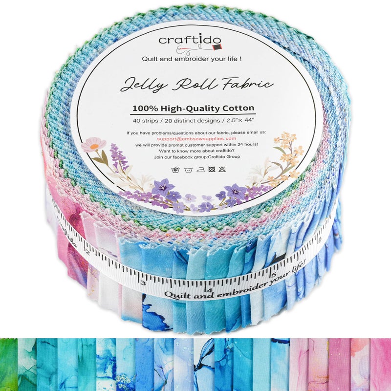 Craftido-18 Options-100% Cotton Jelly Roll Fabric Precut Strips for Quilting, Crafting, and Sewing, 40 Strips 2.5" x 44" Assorted Bundles for Rug, Quilt Project, DIY Craft and Home Decor-Rainbow Inks - Image 1