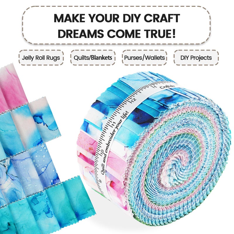 Craftido-18 Options-100% Cotton Jelly Roll Fabric Precut Strips for Quilting, Crafting, and Sewing, 40 Strips 2.5" x 44" Assorted Bundles for Rug, Quilt Project, DIY Craft and Home Decor-Rainbow Inks - Image 5