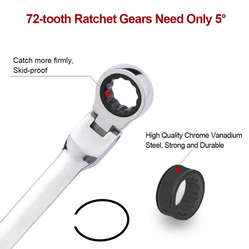 BULLTOOLS 6-Piece Flex-Head Extra Long Ratcheting Wrenches Double Box End Chrome Vanadium Steel 72-Tooth Wrench Set with Metric 8mm - 19mm - Image 3