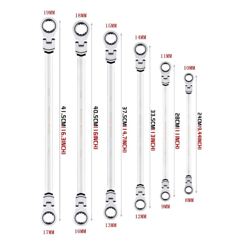 BULLTOOLS 6-Piece Flex-Head Extra Long Ratcheting Wrenches Double Box End Chrome Vanadium Steel 72-Tooth Wrench Set with Metric 8mm - 19mm - Image 4