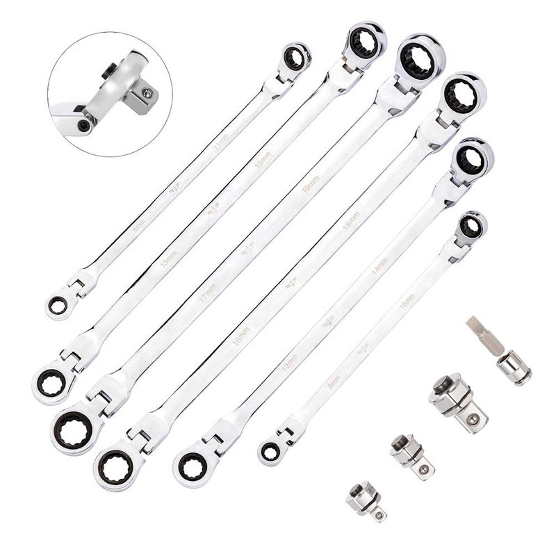 BULLTOOLS 6-Piece Flex-Head Extra Long Ratcheting Wrenches Double Box End Chrome Vanadium Steel 72-Tooth Wrench Set with Metric 8mm - 19mm - Image 1