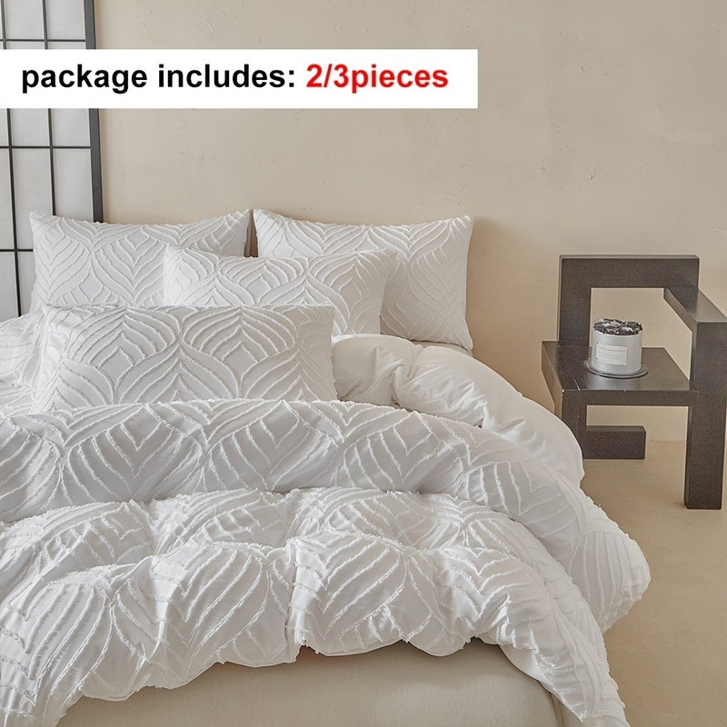 White 3D Cut-Out Embroidery Duvet Cover Set, 2/3pcs, Shabby Farmhouse Style Washable Polyester Set, with 3D Leaf Texture Print, for a Simple and Bedroom, Soft and Comfortable Bohemian Bedding, Suitable as a Gift, All-Season Use, with Zipper - Image 2
