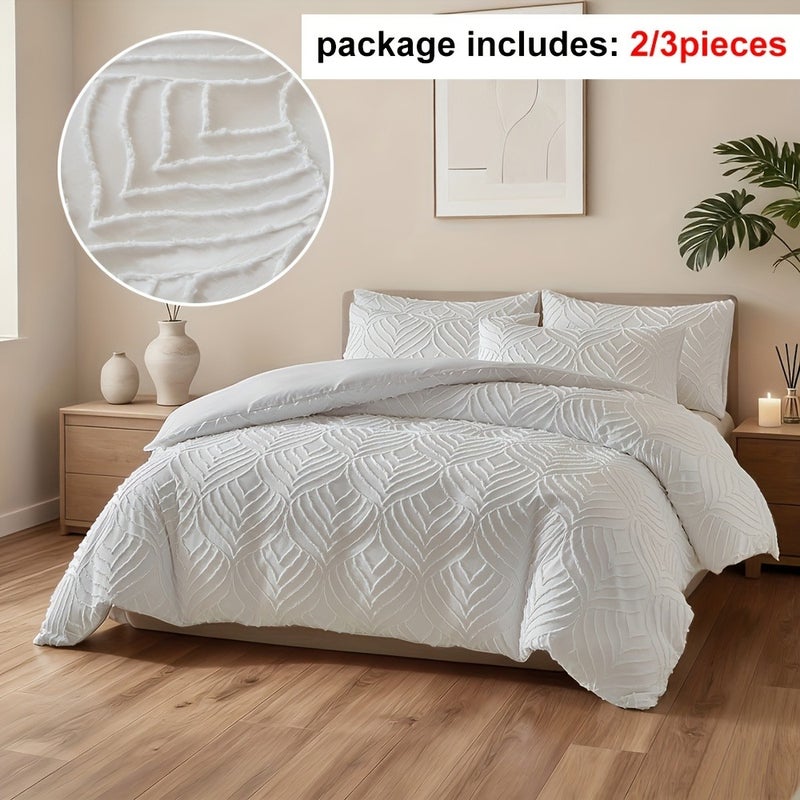 White 3D Cut-Out Embroidery Duvet Cover Set, 2/3pcs, Shabby Farmhouse Style Washable Polyester Set, with 3D Leaf Texture Print, for a Simple and Bedroom, Soft and Comfortable Bohemian Bedding, Suitable as a Gift, All-Season Use, with Zipper - Image 4