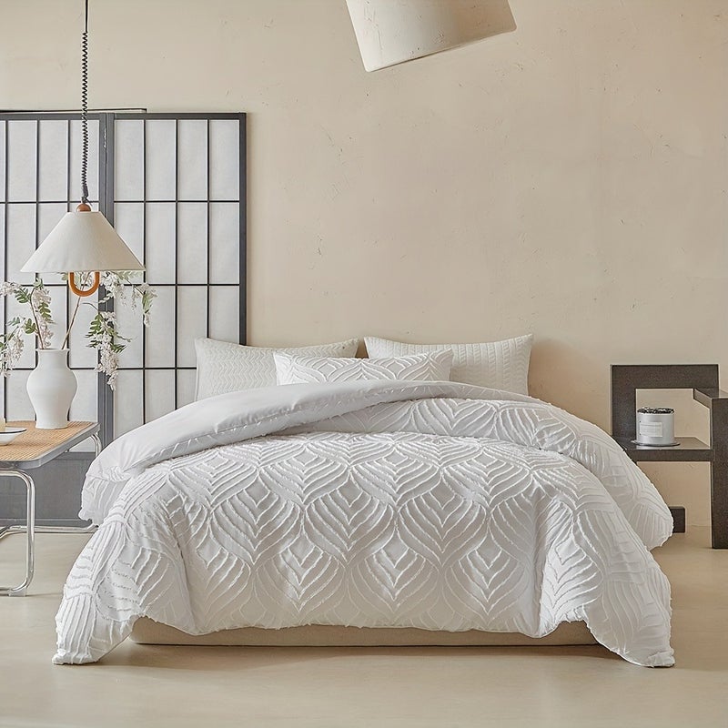 White 3D Cut-Out Embroidery Duvet Cover Set, 2/3pcs, Shabby Farmhouse Style Washable Polyester Set, with 3D Leaf Texture Print, for a Simple and Bedroom, Soft and Comfortable Bohemian Bedding, Suitable as a Gift, All-Season Use, with Zipper - Image 1