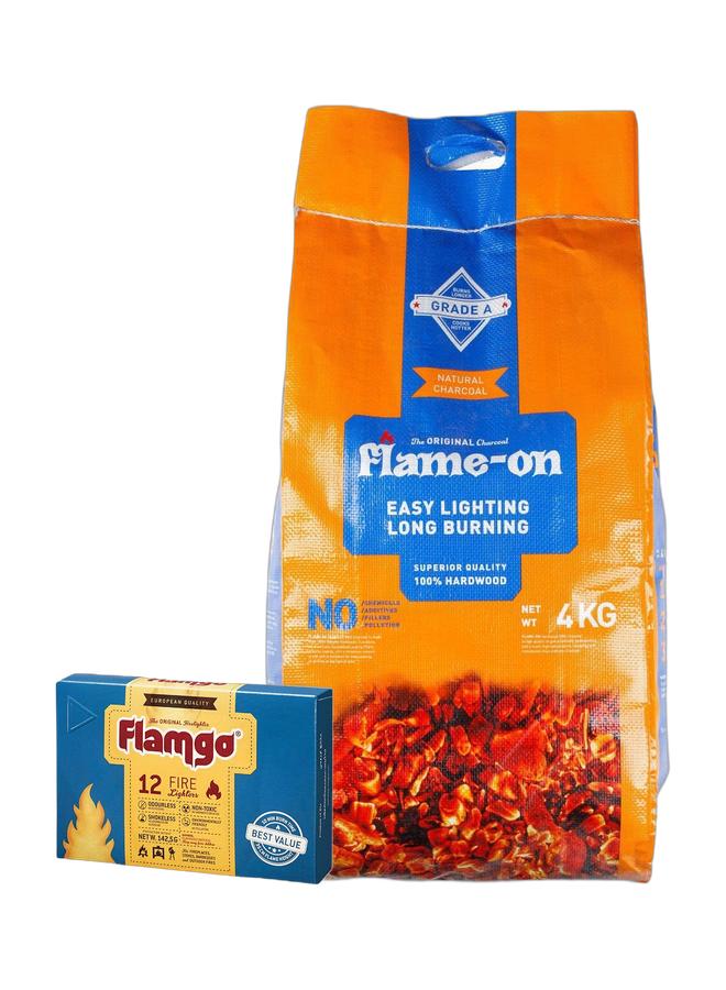 FLAMGO 12-Piece Fire Lighter Cubes Set Multicolour 142.5grams & Flame-on Superior Quality Grade A Natural Hardwood Barbeque BBQ Charcoal 4 KgBundle - Image 1