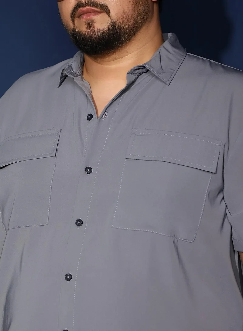 Instafab Plus  Instafab Plus Men's Moon Grey Relaxed Utility Shirt For Casual Wear | Spread Collar | Short Regular Sleeves | Button Closure | Plus Size Shirt Crafted With Comfort Fit For Everyday Wear for Men | Best Price UAE