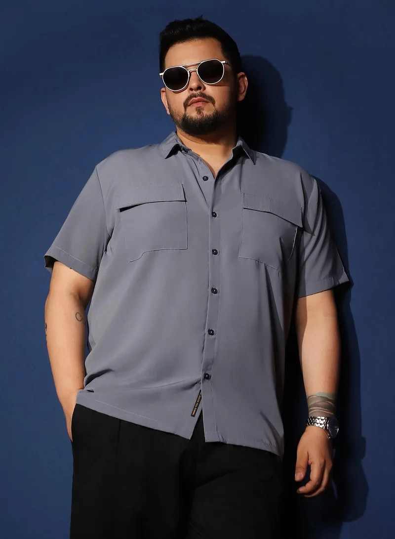 Instafab Plus Instafab Plus Men's Moon Grey Relaxed Utility Shirt For Casual Wear | Spread Collar | Short Regular Sleeves | Button Closure | Plus Size Shirt Crafted With Comfort Fit For Everyday Wear