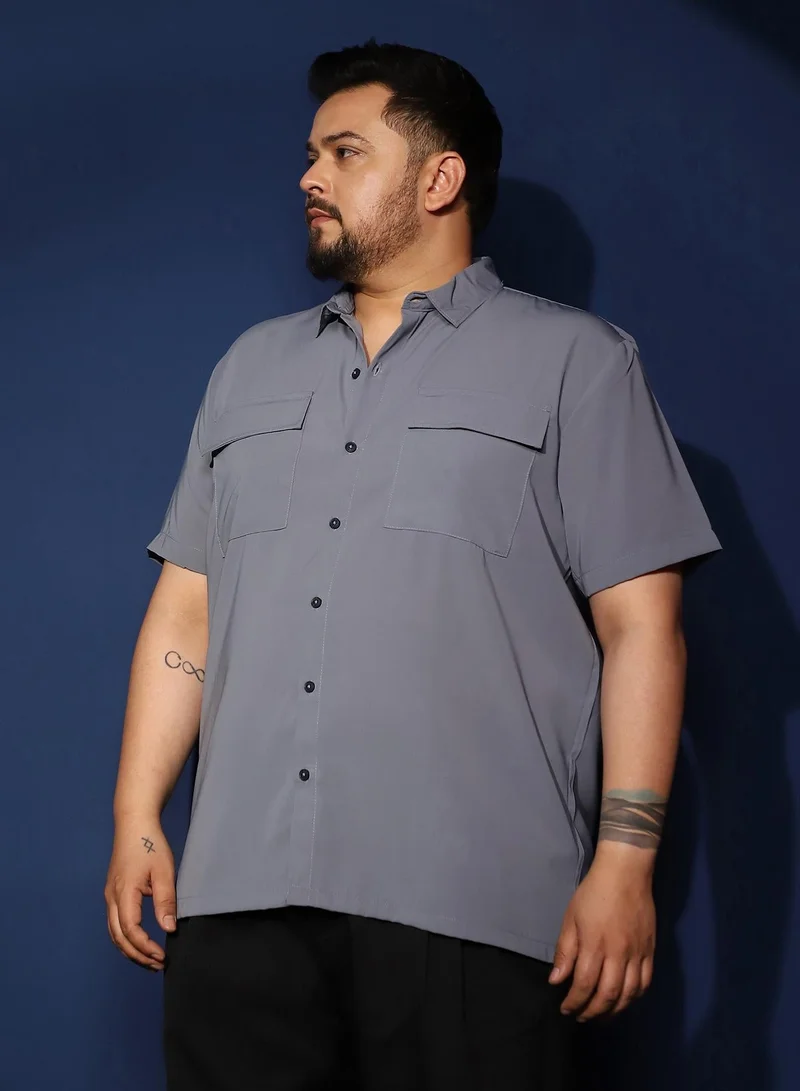 Instafab Plus  Instafab Plus Men's Moon Grey Relaxed Utility Shirt For Casual Wear | Spread Collar | Short Regular Sleeves | Button Closure | Plus Size Shirt Crafted With Comfort Fit For Everyday Wear for Men | Best Price UAE