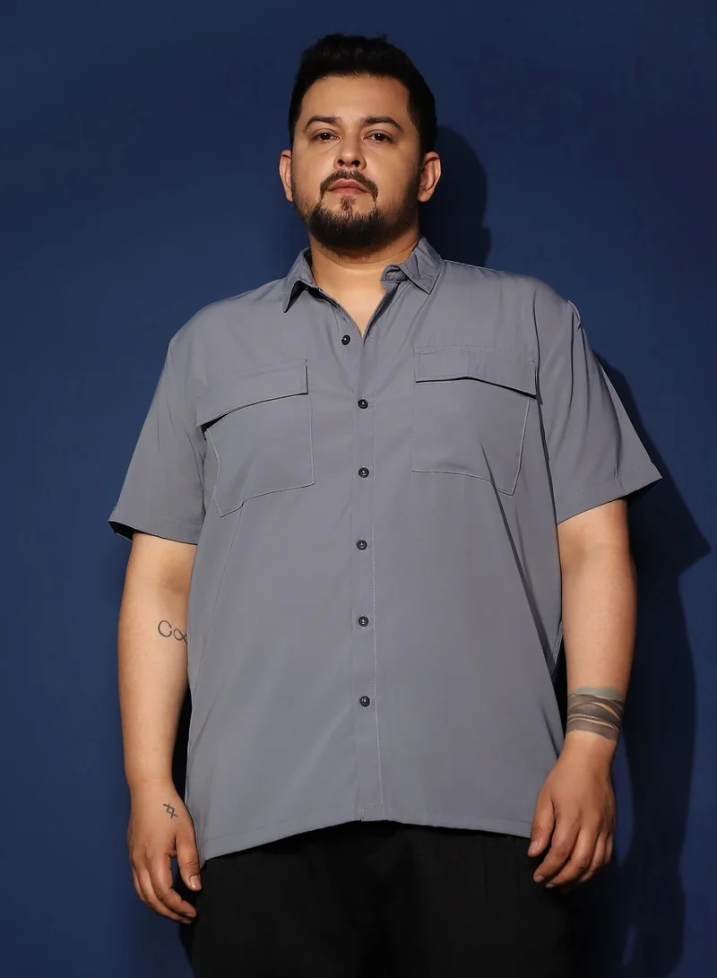 Instafab Plus Instafab Plus Men's Moon Grey Relaxed Utility Shirt For Casual Wear | Spread Collar | Short Regular Sleeves | Button Closure | Plus Size Shirt Crafted With Comfort Fit For Everyday Wear