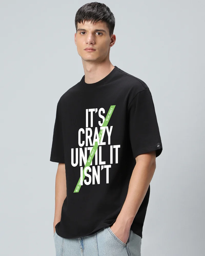 bewakoof Men's Jet Black It's Crazy Typography Oversized T-shirt