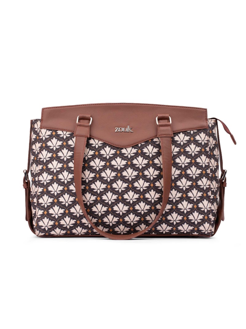 ZOUK Bidri Kaiser Motif Printed Jute Vegan Leather Black and white Women's Office Work Bag With Double Handles Strap - Image 1