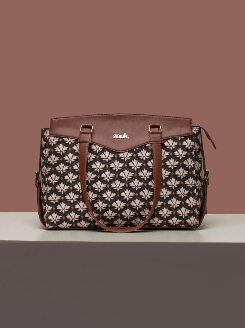 ZOUK Bidri Kaiser Motif Printed Jute Vegan Leather Black and white Women's Office Work Bag With Double Handles Strap - Image 2