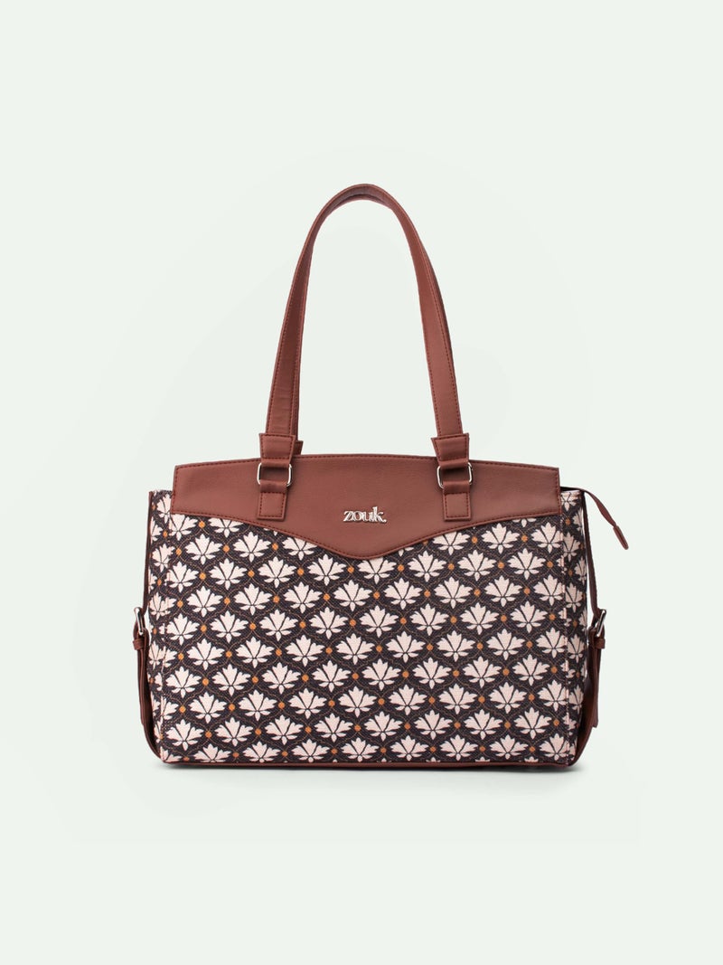 ZOUK Bidri Kaiser Motif Printed Jute Vegan Leather Black and white Women's Office Work Bag With Double Handles Strap - Image 3