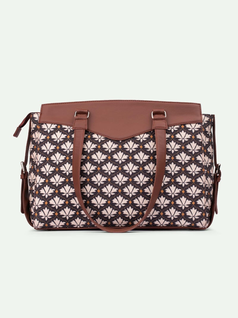 ZOUK Bidri Kaiser Motif Printed Jute Vegan Leather Black and white Women's Office Work Bag With Double Handles Strap - Image 4