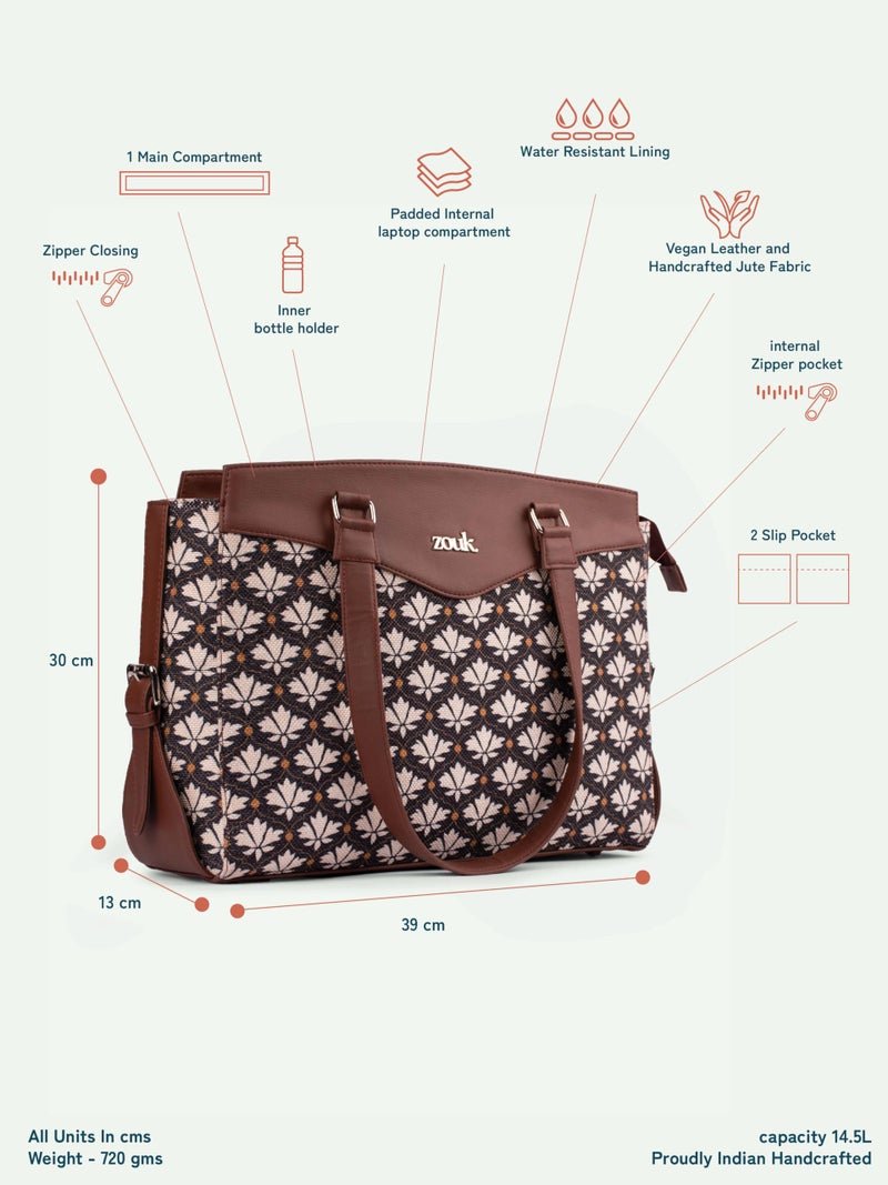 ZOUK Bidri Kaiser Motif Printed Jute Vegan Leather Black and white Women's Office Work Bag With Double Handles Strap - Image 5