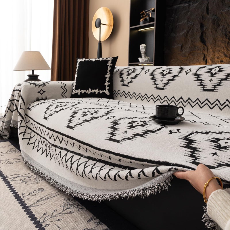 VC Life VClife Chenille Couch Cover Slipcover, Sectional Couch Cover for 2 Cushion Couch Sofa Pet Sofa Protector, Anti Slip White Tribal Pattern Couch Covers Furniture Protector wit Tassel, White, 71"X118" - Image 3