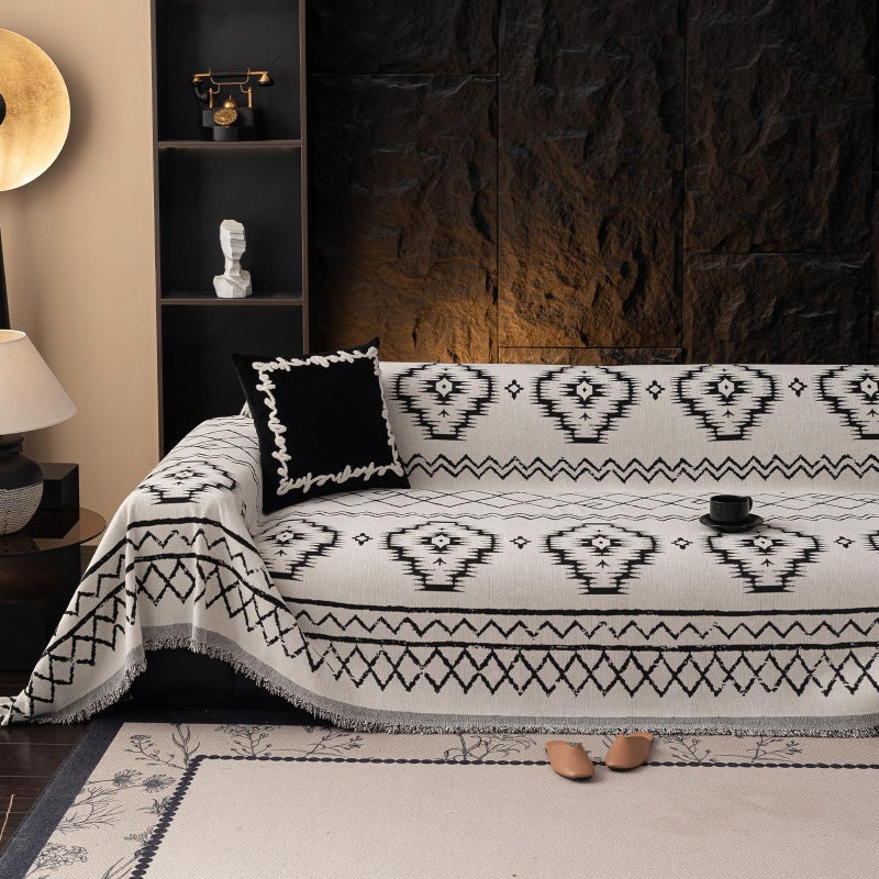 VC Life VClife Chenille Couch Cover Slipcover, Sectional Couch Cover for 2 Cushion Couch Sofa Pet Sofa Protector, Anti Slip White Tribal Pattern Couch Covers Furniture Protector wit Tassel, White, 71"X118" - Image 1
